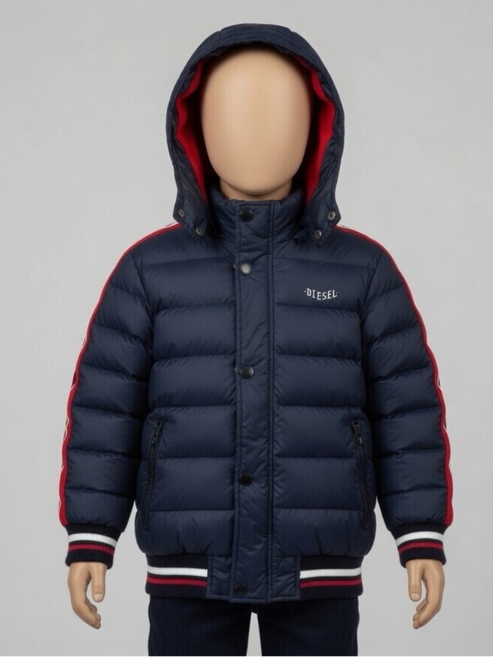 Diesel Navy Puffer Jacket with Red Hood Lining